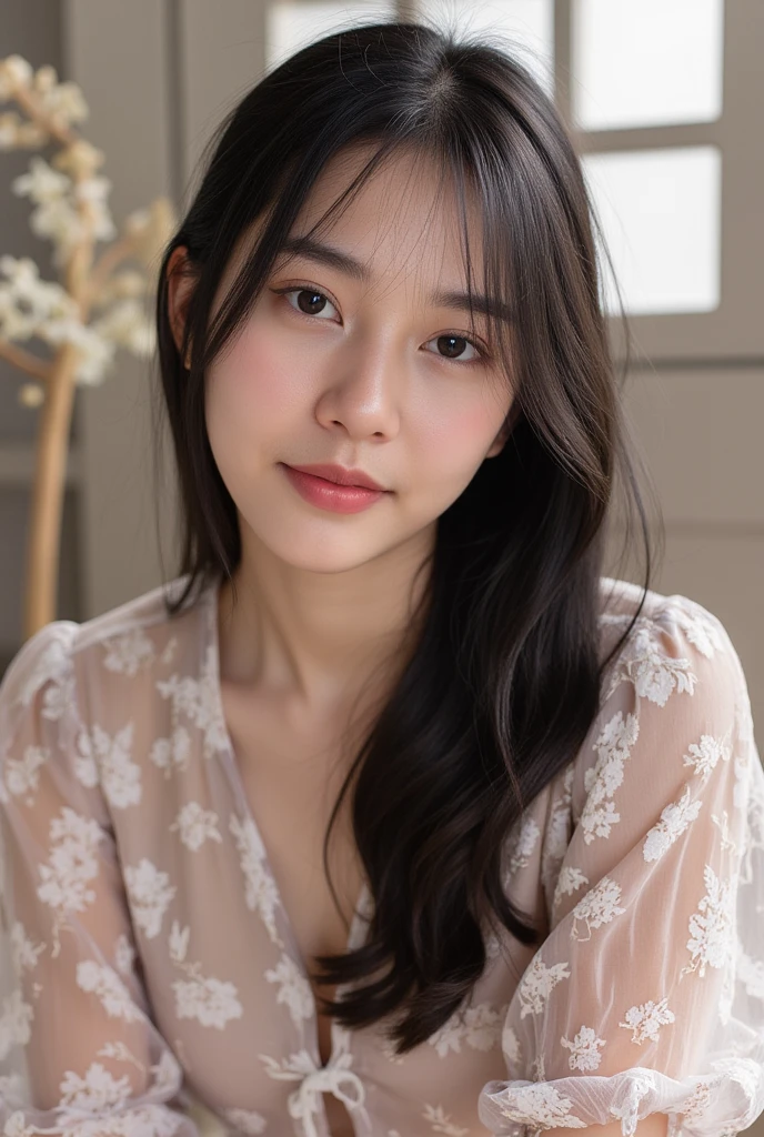 adorable, 1 girl, (face to face), 10 years old, baby face, happy, half body portrait, (face details: 1), (eye details:1), ((big breasts)). wearing transparent transparency long shirt, .. Cute posed. proportional body. Ultra High Res. realistic: 1.4, UHD, (Long Bun Hairstyle)