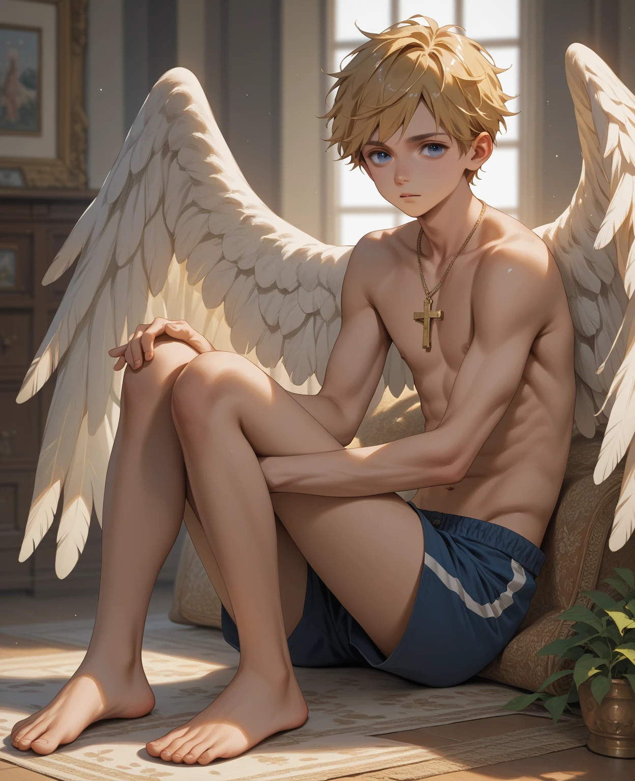 young age man with blonde wavy hair, semi-round face, golden eyes, big smile, cute, with white angel wings, naked showing his cock