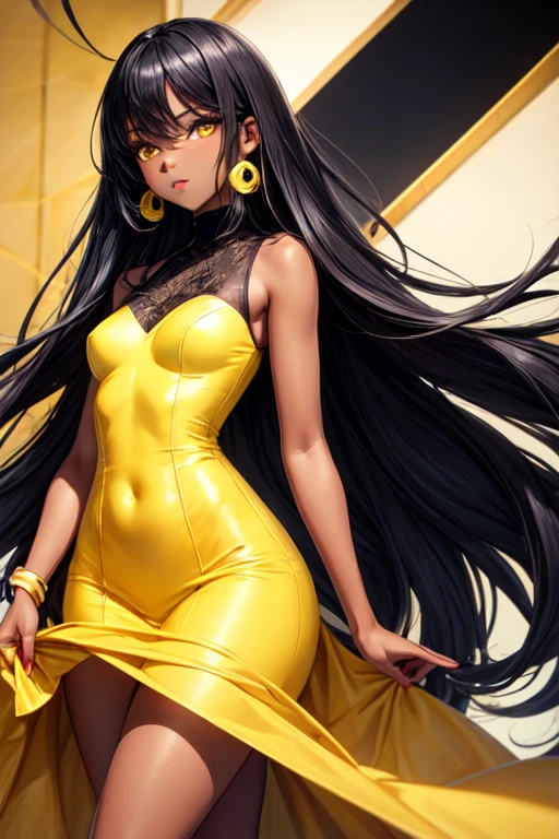 (((Masterpiece))), a influencer woman, top quality, super detailed, sweet and outgoing, club style, dark skin, permed black hair, bangs, Yellow Chiffon Ruched Sleeves Frill Hem Bodycon Dress, butterfly necklace, bow, Dance Club background