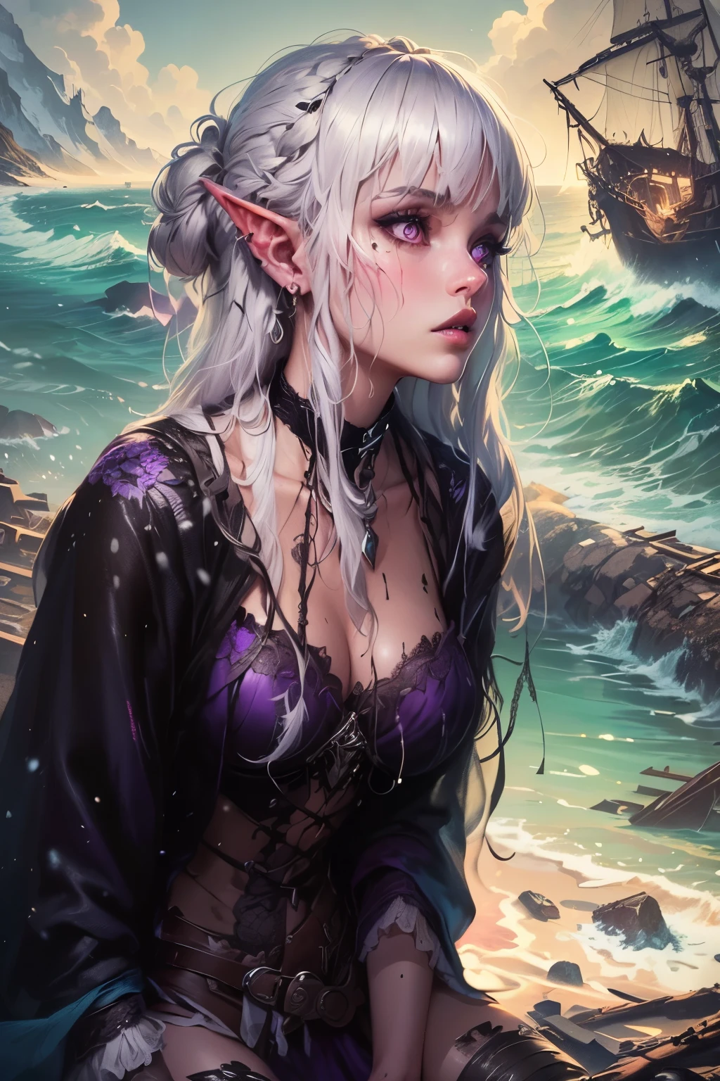 (Ultra-detailed face, Looking Away, Gothic Illustration, Dark Tone Colors.) , BREAK
(View looking down on the beach from above. A female dark elf adventurer drifts onto the shore of a snowy tropical island, looking around in dismay. A wrecked galley can be seen in the rough sea, and the beach is littered with broken pieces of the ship and its cargo. Her body is wet, her clothes are torn, and she is barefoot.) , BREAK
(She has white hair and white eyebrows, crisp bangs, shoulder-length wavy hair, small pink lips, lavender eyes, dark purple skin, and eyeliner.), (She wears a shiny black bib necklace with a net covering her neck. She wears an embroidered purple cape and a classic medieval European-style empire dress with raw embroidery. She wears sandals with braided white laces.)