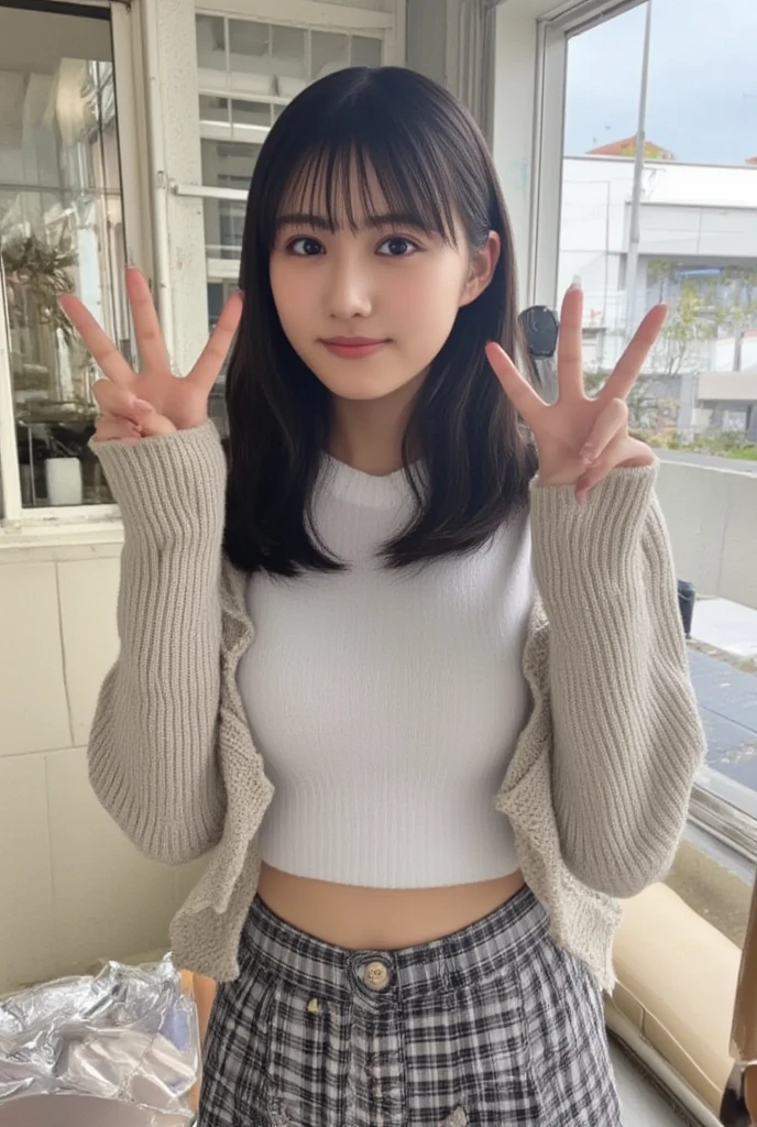 There is a woman sitting on the floor making a peace sign, Real life anime girls, shikamimi, sakimichan, 8k)), With index finger, Kotegawa Yui, realistic Young Gravure Idol, Young and cute gravure idol, Young Gravure Idol, rei hiroe, A, Ka, Sa, Ta, Na, Ha, On