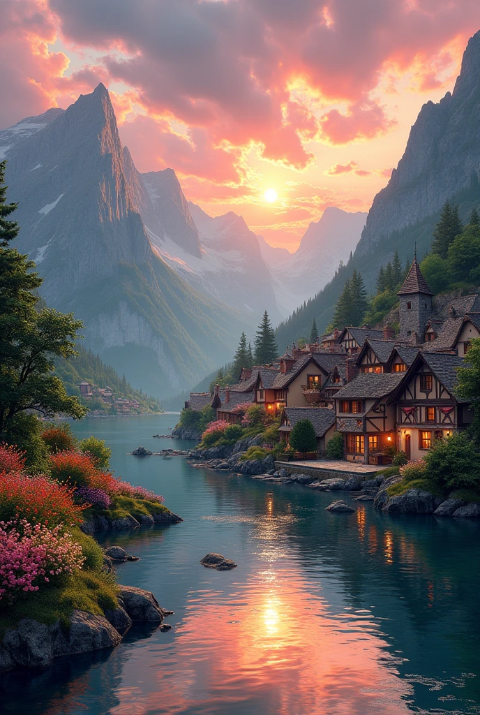 A small town by the river, mountains in the background, colorful floral flowers, detailed landscape, beautiful natural landscapes, atmospheric lighting, scorching sunset, warm colors, practical, photographic, detailed foliage, complex buildings, cobblestone street, charming country house, vibrant colors, lush vegetation, reflections in the water,  picturesque, idyllic, artwork, best quality, 8K, extremely detailed, anime style