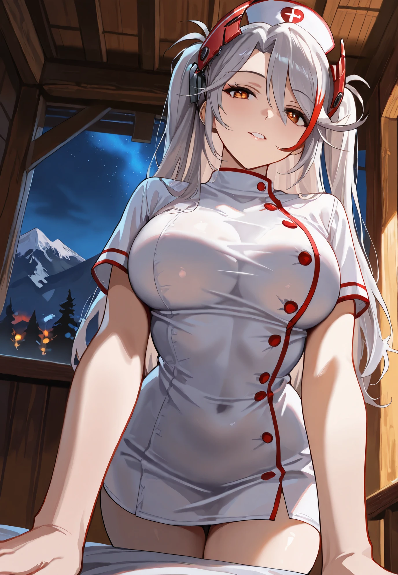 masterpiece, best quality, high_resolution, fine detail, very detailed and beautiful, distinct_image, 1 girl, solo, silver-haired, red eyes, dragon horns, (huge), (),hospital,curvy, ,(nurse costume),thighhigh,