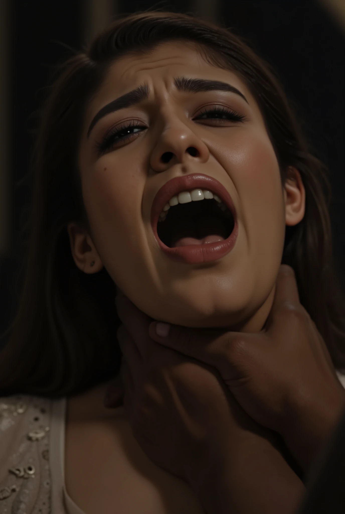 Close up of women getting strangled, eyes closed, chin up