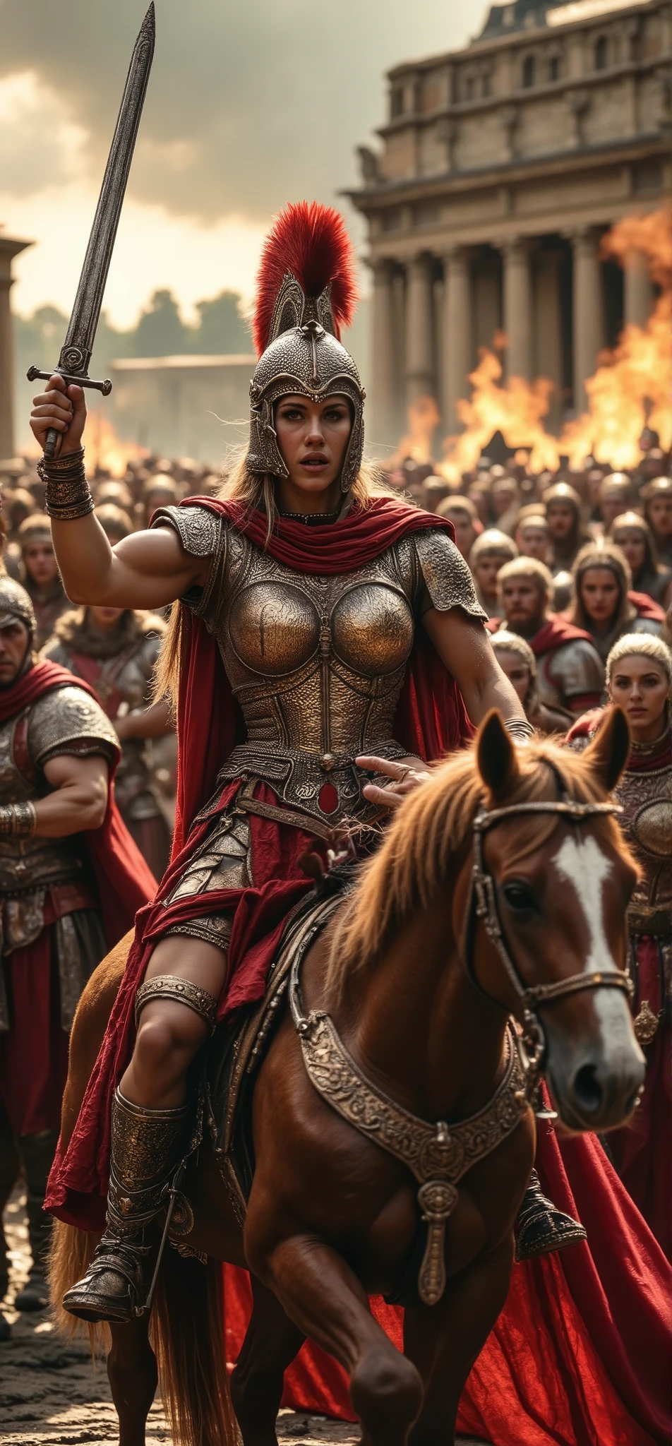 an ultra photo realistic of hundreds of Roman centurion soldiers in the midst of battle in front of a Pantheon and Colosseum, fire, bloody battlefield, smokey. In the center of it all is a full view of a beautiful supermodel Roman Centurion muscular woman wearing bronze and iron alloy chainmail bra top uniform and a helmet with a large red horsehair plume with intricate patterns on a horse shouting, raising her sword up to lead a charge, side view, bloody sword,