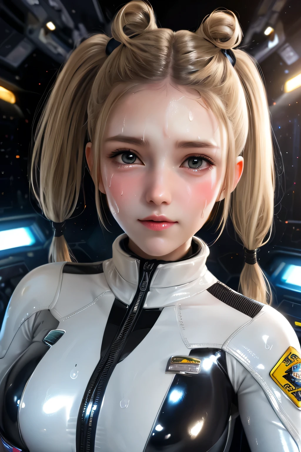 A short straight silky blonde haired sweden girl, bang, bright blue eyes, 15 years old, young, pale skin, frightened, insecure expression, Ultra high res, uhd, (photorealistic:1.4), doll-like face, in spaceship, wearing futuristic spacesuit, carrying futuristic laser gun, sweaty