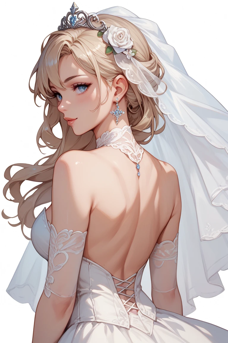  Bride in white dress,  shoulder-length blond hair, character turning his back , without turning his head, DRAWING STYLE,  on white background