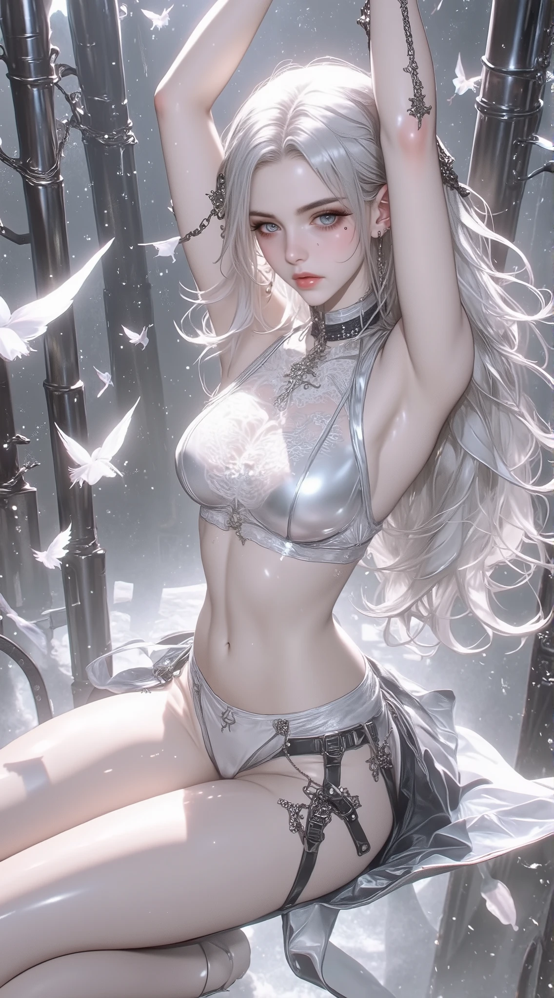 ((最high quality)), ((masterpiece)), (detailed), One person, (Large forehead:1.2) ((toned body,slender body,skinny:1.3)) ,extremely detailed cute anime face, (((Flat Chest))), (Flat Chest:1.1),((((lBob Cut Hair)))),Complex eyes,beautiful detailed eyes,Symmetrical eyes,(((detailed face))),beautiful detailed lips, Dynamic pose, If you look at this, resolved, Resolute, High resolution,(最high quality),(ultra detailed,extremely detailed),Perfect Face details, ((masterpiece:1.4, 最high quality))+, (ultra detailed)+, Bob Cut Hair, cute, (Flat Chest:1.1), Small breasts, slim body, skinny, prominent clavicle, skinny arms, Flat Stomach, Pelvic bones are visible, Ribs are visible, Bob Cut Hair, Redhead, Small breasts, Perfect Face, Small breasts (Flat Chest:1.1), Detailed body,Complete limbs, (Flat Chest:1.1),Hair,crown, Wide-angle, Bokeh, Wide-angle, Attention to detail, high quality, high qualityのアニメアートスタイル, masterpiece, occult aesthestic, occult, whole body, full body, body, Gorgeous mourning clothes, Inspired by the Knights Templar, underwear, White panties, I can see your chest (Small breasts) cum on her body, Full of, Glowing Skin,Glowing Skin,(Sweat:1.3)