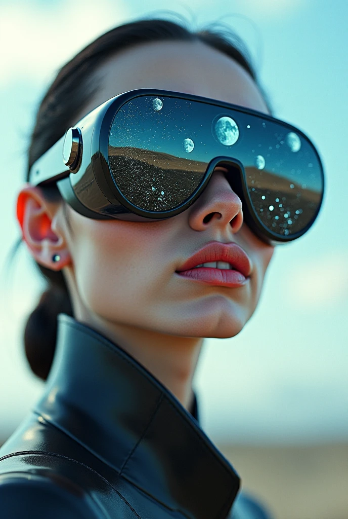 The model is wearing glass sunglasses with stars and the moon on the glass