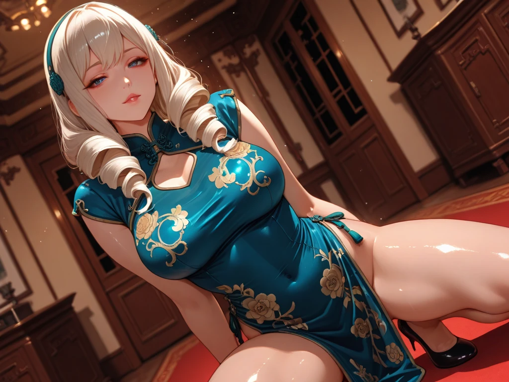 Best quality, 8k, night, galaxy, full moon, masterpiece, A woman, white hair, gold eyes, white cheongsam, white skin, open dress, looking down, no panties, hard nipples, sitting down, spread legs, side braids, pleasant face , red face, shot from below