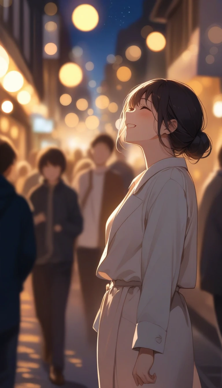 Daydream-like scene: the woman walks in a city street at night, her mind replaying scenes of the boy laughing. She walks past blurry crowds but is emotionally detached. The background glows softly with romantic bokeh.