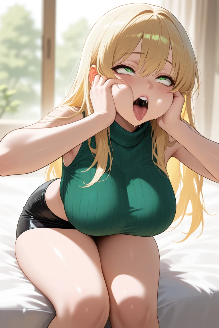 one girl, long hair, blonde hair, dark green eyes, forehead,(big breasts),(makeup),(ahegao:1.2, moaning with open mouth and tongue out),(big blush), blue bra,lying down, pov from front and above,bedroom,shining body, close up, sweatdrop