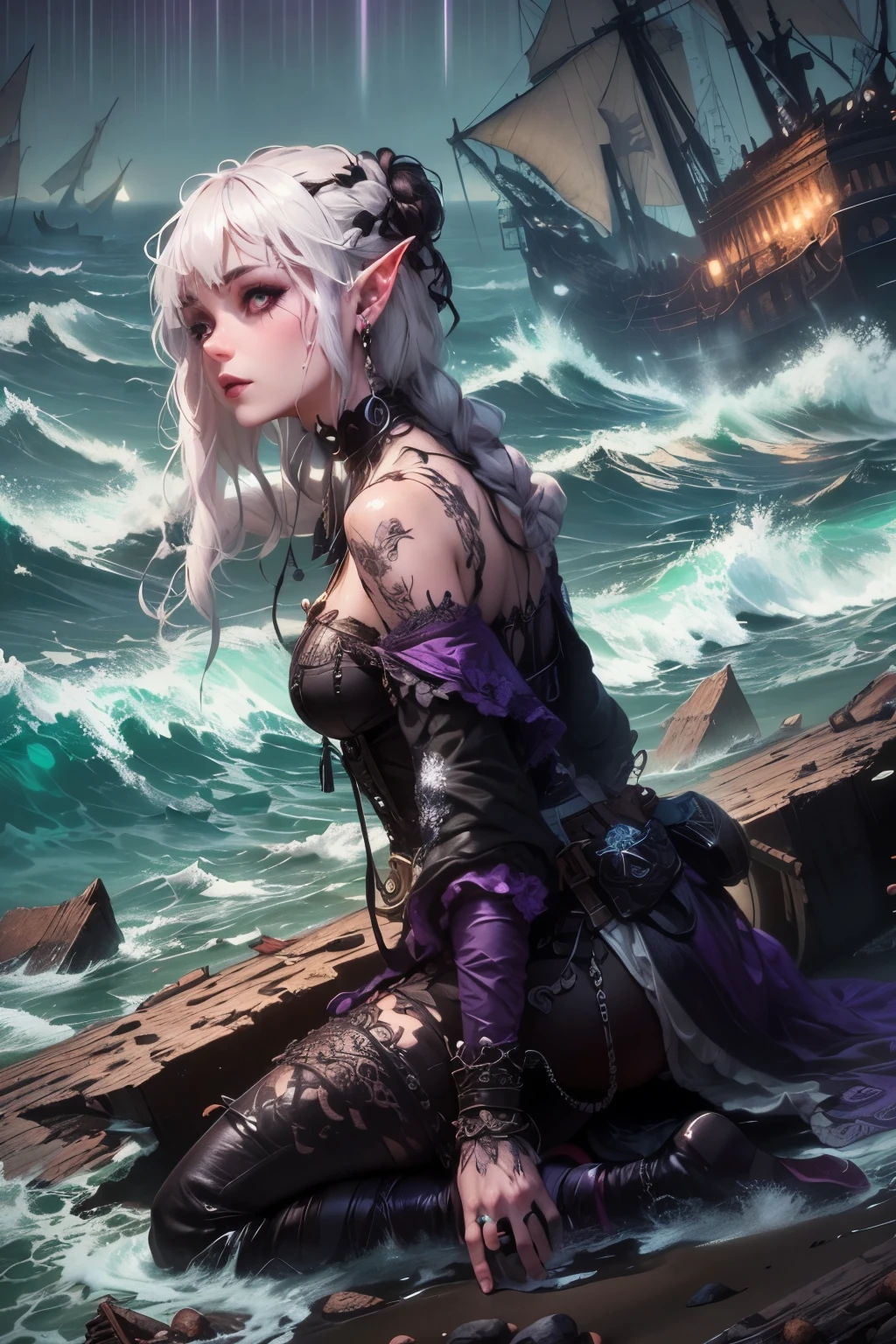 (Ultra-detailed face, Looking Away, Gothic Illustration, Dark Tone Colors.) , BREAK
(View looking down on the beach from above. A female dark elf adventurer drifts onto the shore of a snowy tropical island, looking around in dismay. A wrecked galley can be seen in the rough sea, and the beach is littered with broken pieces of the ship and its cargo. Her body is wet, her clothes are torn, and she is barefoot.) , BREAK
(She has white hair and white eyebrows, crisp bangs, shoulder-length wavy hair, small pink lips, lavender eyes, dark purple skin, and eyeliner.), (She wears a shiny black bib necklace with a net covering her neck. She wears an embroidered purple cape and a classic medieval European-style empire dress with raw embroidery. She wears sandals with braided white laces.)