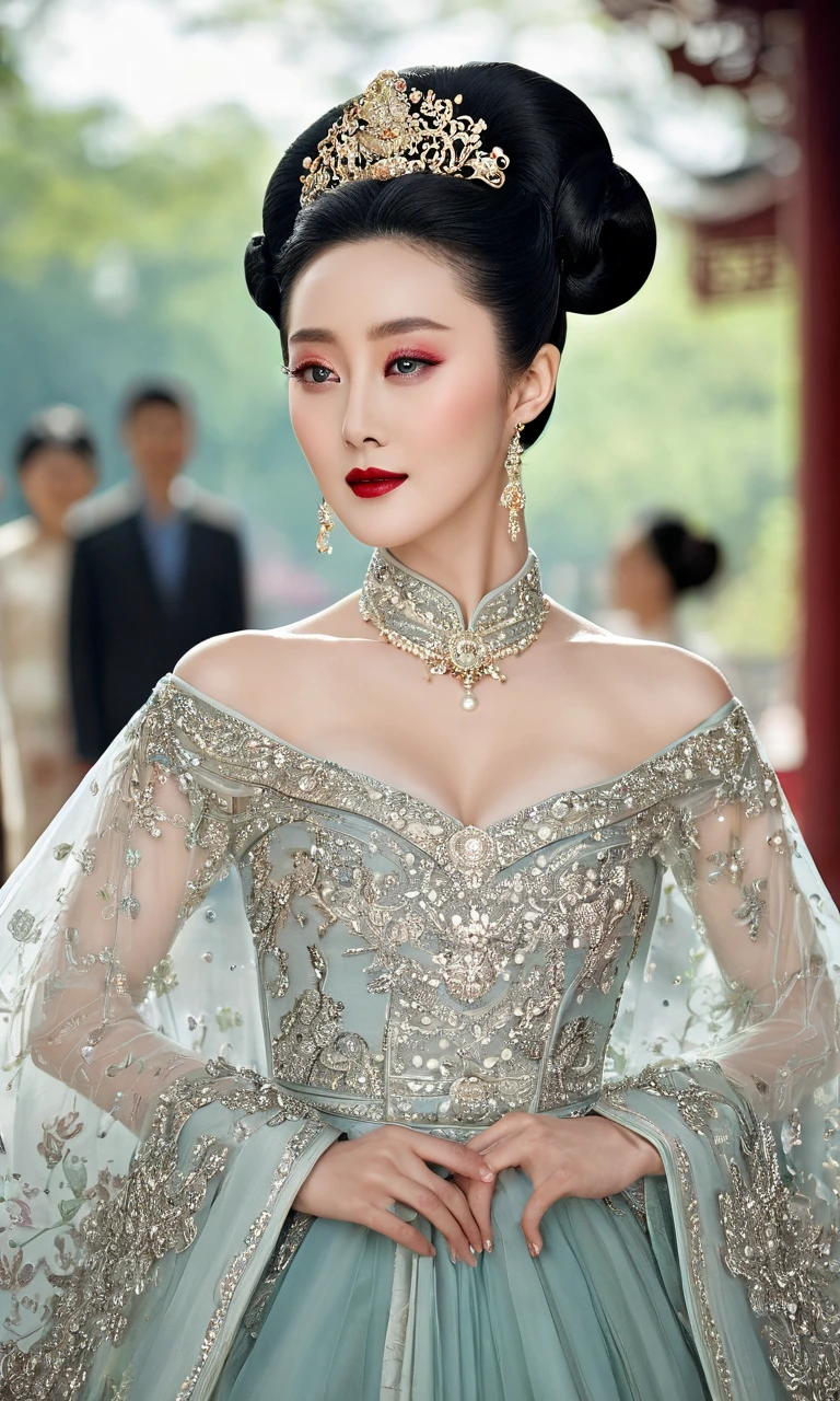 An authoritative a true scene of a breathtaking beautiful and celestial and majestic chinese lady resembling fan bingbing who is an honorable royal empress of china with large elegant, hawk-like-nose, who embodies old fashioned class, sophistication, elgance as well as wholesome, natural beauty. , thin-waist, wide-, swaying-. Laura Vandervoort. Insnely Oppulent and majestic sequined square neck historically accurate victorian coronation multi layered tulle huge and long ancient hanfu or any ancient traditional dress of china with long tulle floating sleeves and a hint of   and it must be fancy like an aged empress, the beauty of her face is devilishly high and hypnotic and her eyes are like pearls with wicked smile. It is a promise of seduction as her  swirls out and makes you to edge on your , striking evil makeup with pure red lipstick that tempts to look more and more and feel scorned and humiliated by her beauty. she is in her coronation ceremony. hint of   makes men to submit to her. her hairstyle is a royal puffy huge Thick updo. her gaze is seductively dominant and powerful and majestic with intense charismatic. you will be forced to look at her   and aroused and kneel and then prostrate and worship her. the way her gaze shows and whispers: ‘Kneel and worship me my servant and show your humility as a good slave.’if you watched at her you must immediately kneel and prostrate and if you don't, you shall feel extremely  by the hint of her   a burst into a huge . she will force you to kneel and prostrate at her like a god whether you like it or not. you will feel possessed by her bewitching beauty and  power and she will force you to kneel and prostrate at her like a god whether you like it or not. you will feel possessed by her bewitching beauty and  power and she sees that you will be forced to kneel with her possessive power of her
