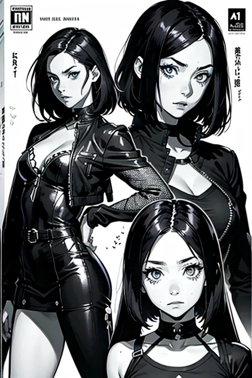 multiple views, Han,beautiful young warrior , with a very detailed and beautiful face, gorgeous eyes, gorgeous eyes, gorgeous face, beautiful young woman wearing long black leggings with black details, usando leather jacket preta, standing in an office, wearing black boots, horn hair, with black fringe, , sorriso Malignant ,white sweater with strap around, serious look,usando leather jacket preto, leather jacket,staring overhead,yellow lighting, Malignant,crossed arms,multiple views
