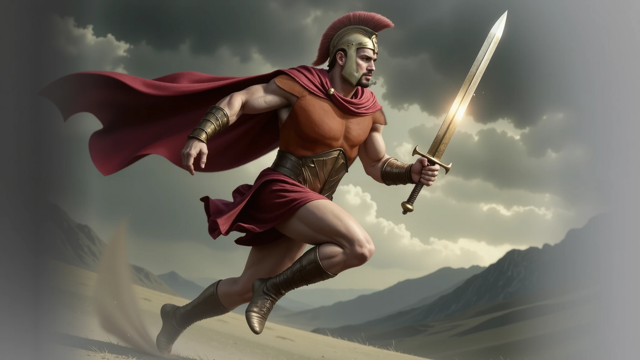 Theseus, the Greek hero, is running furiously with a gleaming Greek sword in hand. He is wearing brown armor, a red cape flowing behind him, and a golden helmet adorned with a red mane. His expression is fierce and determined, embodying heroic intensity. The scene is dynamic, with his powerful stride and his sword ready for action, emphasizing his courage and strength.