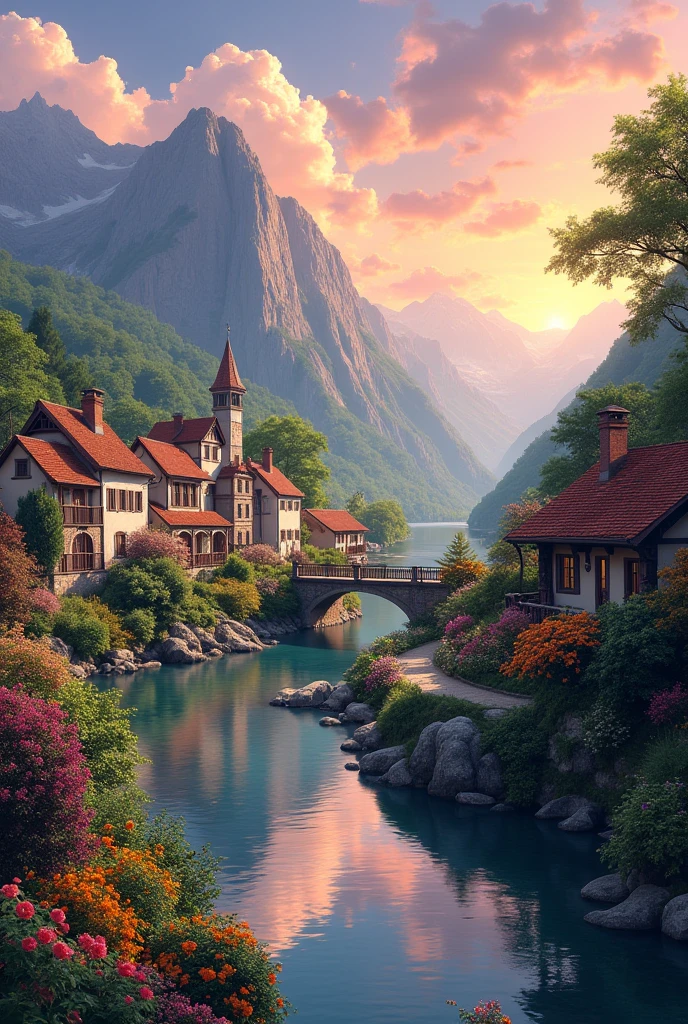 A small town by the river, mountains in the background, colorful floral flowers, detailed landscape, beautiful natural landscapes, atmospheric lighting, scorching sunset, warm colors, practical, photographic, detailed foliage, complex buildings, cobblestone street, charming country house, vibrant colors, lush vegetation, reflections in the water,  picturesque, idyllic, artwork, best quality, 8K, extremely detailed, anime style