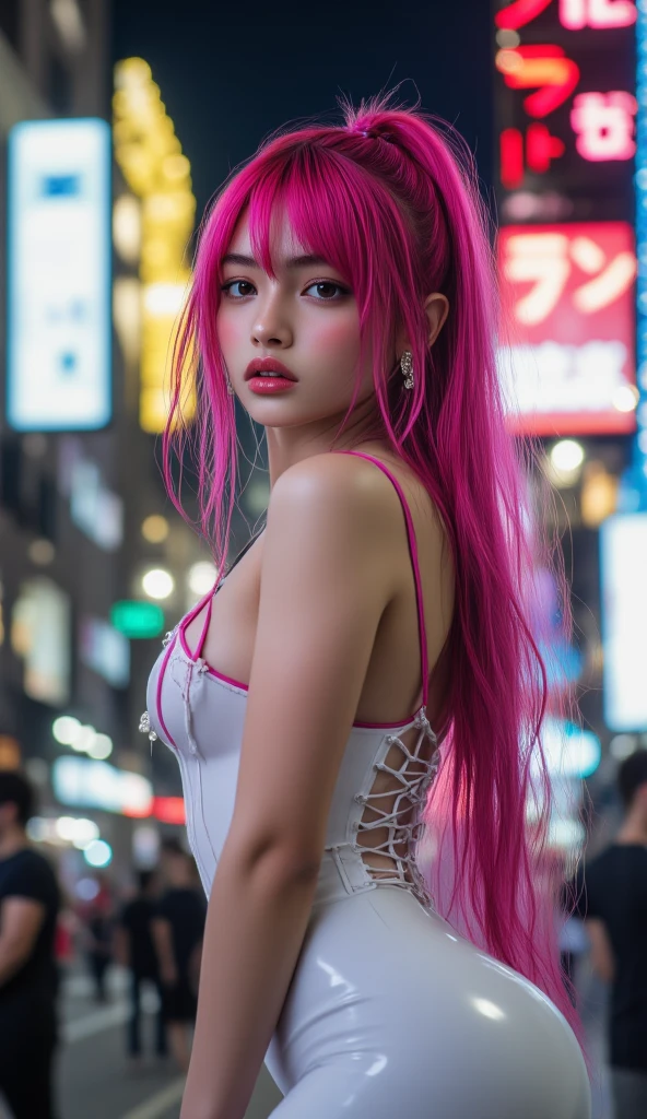 there is a woman with pink hair posing on a balcony, nicki minaj, nicki minaj curvy, pink straight hair, cardi b, long bubblegum hair, doja cat, long pink hair, long flowing pink hair, with pink hair, huge pink hair, profile shot, lit from the side, wig, shot from the side, flowing pink hair