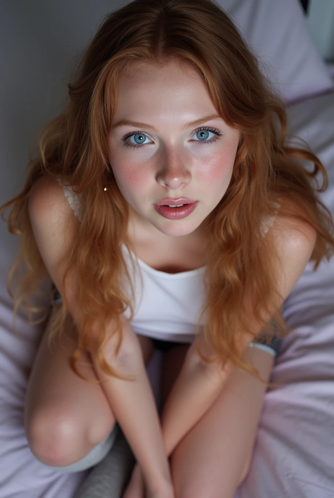 8k quality, wet body, nude body, shy, sexy, clean body, flat torso, Ginny Weasley, shy, short hair, lies, arched, little ass, lying in bed, LYING ON BACK, pussy