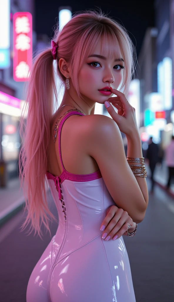  [Style: - "8k, masterpiece, realistic, photorealistic realism, hyper high resolution" - "highest quality, intricate, ultra-detailed digital art, (ultra_detailed, UHD:1.2)"] (Key Directive: - "The priority is the anatomical accuracy and texture of the materials" - "Ultra-sharp human eyes with biological accuracy") dress a beautiful girl with a perfect figure in something nice, made of available materials [((leather)), ((jewelry)), bracelets, pendants, earrings], I encourage you to draw them at the same time, {Character: "((full body shot:1.3)) , beautiful girl , perfect female skinny body , full bodyesbian , ((Beautiful long legs in good style:1. 25)) aaverage ????: "(firm, protruding ????????)", (perfect hot model body:1 . 4) (slim belly: 1 . 2) (muscular body) ((firm and full ???????:1.4))]" | Face: "full lips, pink lipstick, intense gaze" | Eyes: - "((sharp focus, no blurry eyes, Hyper absurd quality, Hyper details, Hyper realistic brown eyes:1.3))" - "((extra narrow eyebrows))" - "(Carefully draw Long blue_mascara:1.2)" - "(perfect round eyes)" full bodyesbian, High Contrast, muted colors, long legantasy style)),((no Pantieposing thighs)),((magenta lace-up corset:1.21)) , ((white color dress)) , ((magenta: lace-up)) , [((white: tight latex pants, squeezing into the ????:1.23))] , ((long legs)) , ((Long Messy pink Pony with Braid , {"((turning back , back shot:1.4))"} , ((Intricately detailed multi-layer lace corset)) , ((earrings , diamonds , necklace , (gold) , bracelets , valuables), (city night, neon sign) (night), (Rendering engine: "Unreal Engine 5 path tracing, 16K texture maps") | The ultra-Highres,Unreal 5,Subsurface scattering,PBR Texturing,Post-Processing,Anisotropic Filtering,depth of fields,Maximum Sharpness and Sharpness,multi-layered texture,Albedo and Specular maps,Surface Shading,Precise simulation of light-material interactions,perfectly proportions,Octane rendering,Two-tone illumination, Wide Aperture, low ISO, white balance, The rule of thirds
