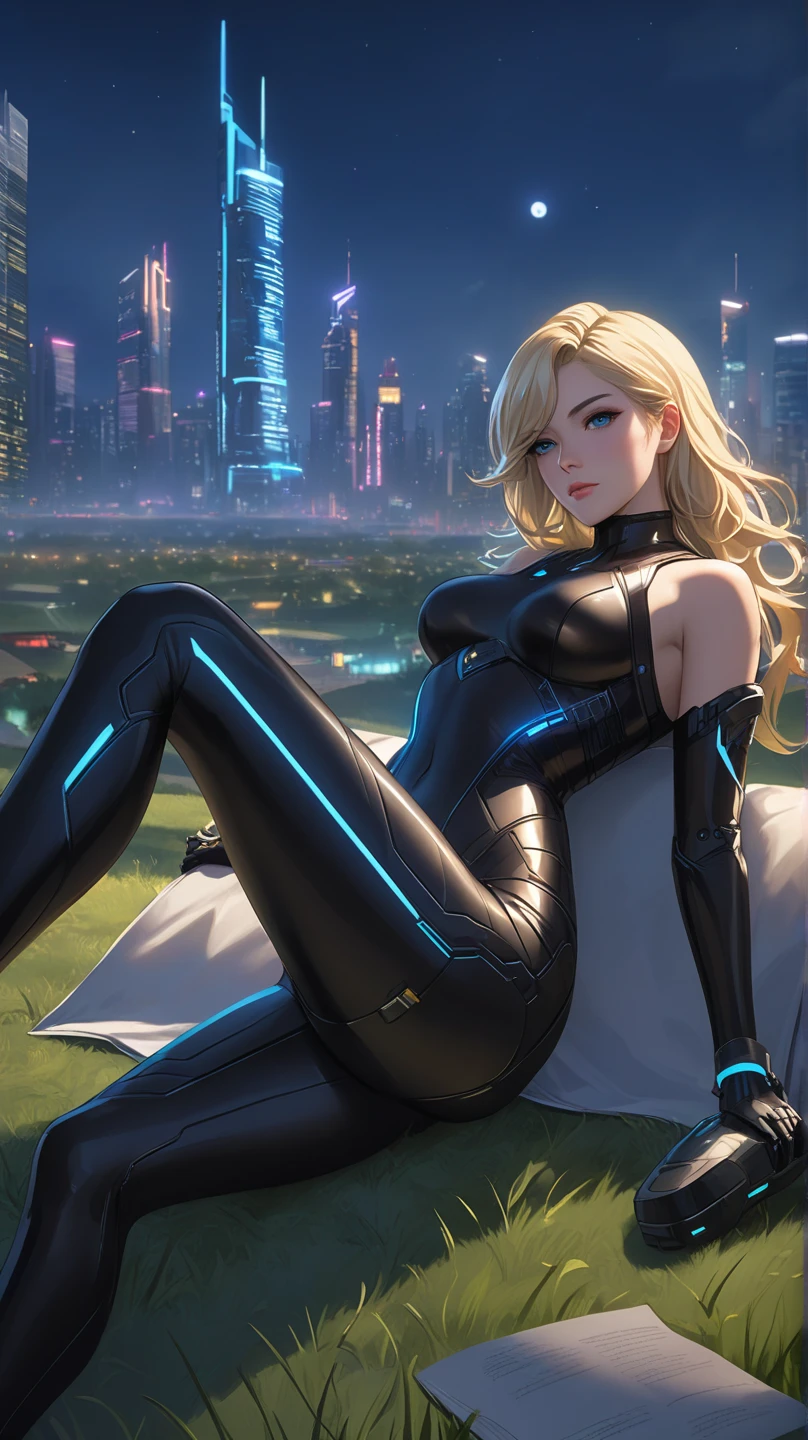 cyberpunk, cyborg beauty, hands are robot parts, (high resolution, young blonde beauty), very big, very small micro underwear, sticking out, crotch wide open, shape clearly visible, pubic area clearly visible, crotch wide open, underwear that sticks to wet skin, lying on bed