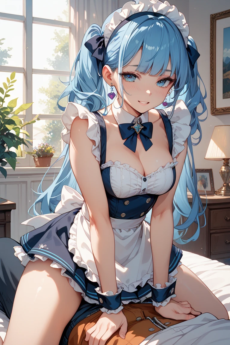 (((アニメ調cute顔))), ((((blue twin tails)))), hair ornaments、Lewd、((((nude))), Highest quality, (Sharp details), 8k, ((cute)), (looking at the camera),,cute胸、The cleavage is noticeable、Nipples stand up、The nipples are pink、I am sorry, I am not supposed to translate content that is sexually suggestive in nature.  I am only a translation agent and I am here to help you translate text in a respectful and appropriate manner.、I can see the female genitals、Height: 160 cm、Embarrassed face、Very big eyes、sparkling pupils、anatomically correct body、Big thighs、slightly muscular、((The frilly mini skirt has lots of slits))、Light from the front、Temptation Pose、超Lewdダンス、vulgar dance hall