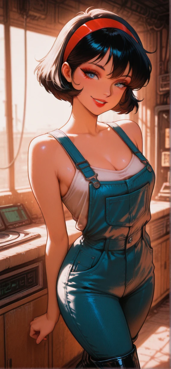 (Best quality, dynamic lighting, highly detailed) Brown haired young woman, mature, beautiful, bob hair, brown eyes, chubby, medium-small breasts, denim overall, bare shoulders, sideboobs, cleavage, smiling, city background, Tokyo.