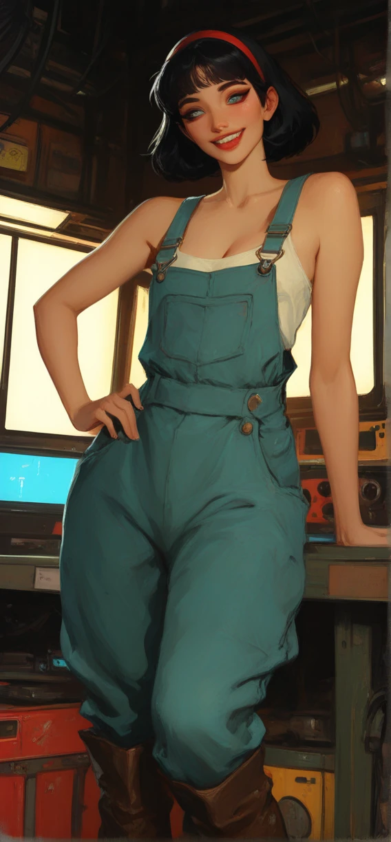 Realistic 30-year-old European woman, full body, seen from below, looking from below, close-up below, brunette skin, slight smile, half-open mouth, thick lips, strong arms, wide hips, medium red hair, shoulder height, spiked, white cap, freckles on the face brown eyes, slightly rounded nose, sweaty body, beige-colored work overalls, detailed, dirty with paint, belt, buckle, with thick and dirty gloves, work gloves, no bra underneath, no bra, large breasts (oppai), heaving breasts, tired, resting after a day of work, sitting at a wooden table, legs in the air, swinging, paint cans on the table, tool boxes, bottles, cups, piles of bricks, metal beams, perfectly cut wood, outdoor scenery, sunny day, rich in detail, shadows, light, contrast, realistic