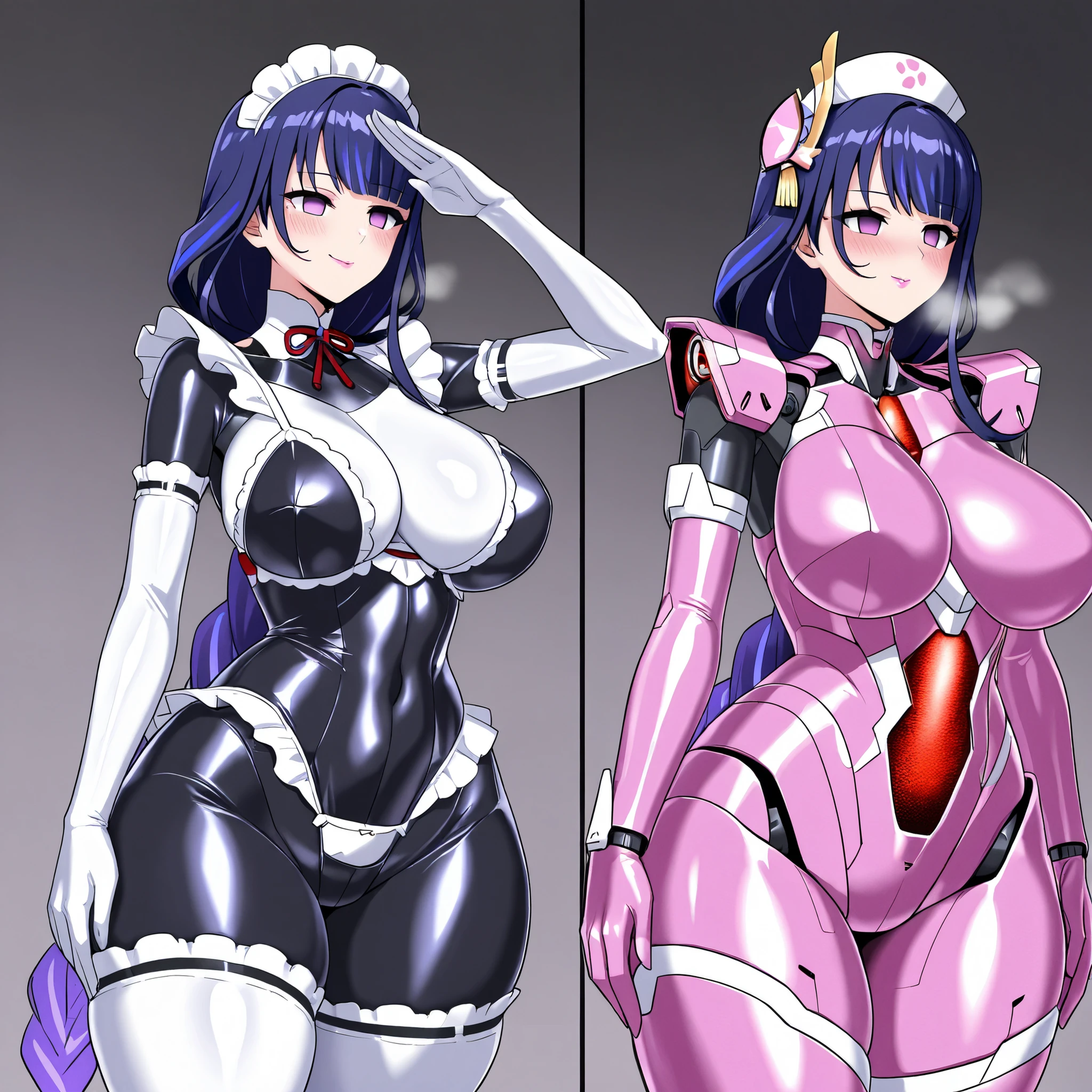 Raiden-Shogun,excessive heart,(in heat,smirk,blush,puffy lips, lipstick,close mouth,robot_girl,mecha musume,),(,empty eyes),(busty,glamorous,big hips,),(,purple latex,maid,body latex,white latex,elbow gloves,),(standing at attention,salute,arms at sides,hands at sides,solo,looking viewer,),close-up shot,