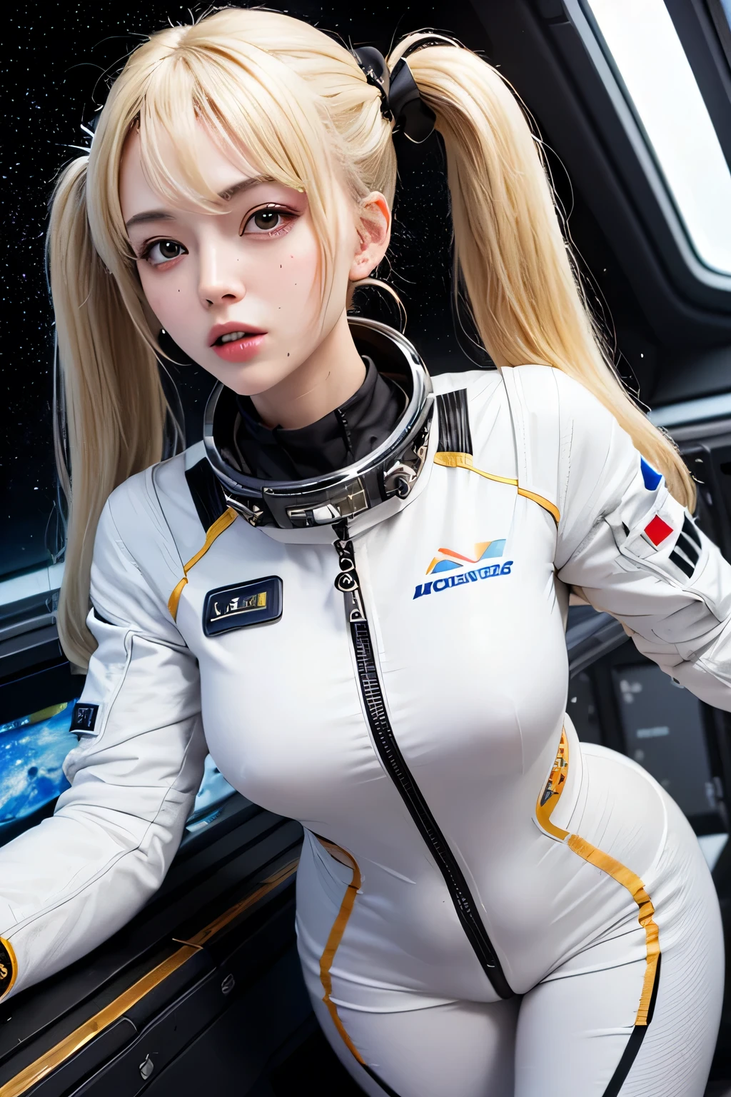 An astronaut ramen in a spacesuit, sitting in the cockpit of a spaceship. The weightless space with Earth visible in the distance --ar 9:16 -- at 6.0 --s 750,19 years old, alone, Long Hair, View your viewers, Blonde, Brown eyes, gem, whole body, Realistic, Sexy、Big Breasts 、stockings、clip on earrings,during,bracelet、embarrassed,blush,teache、