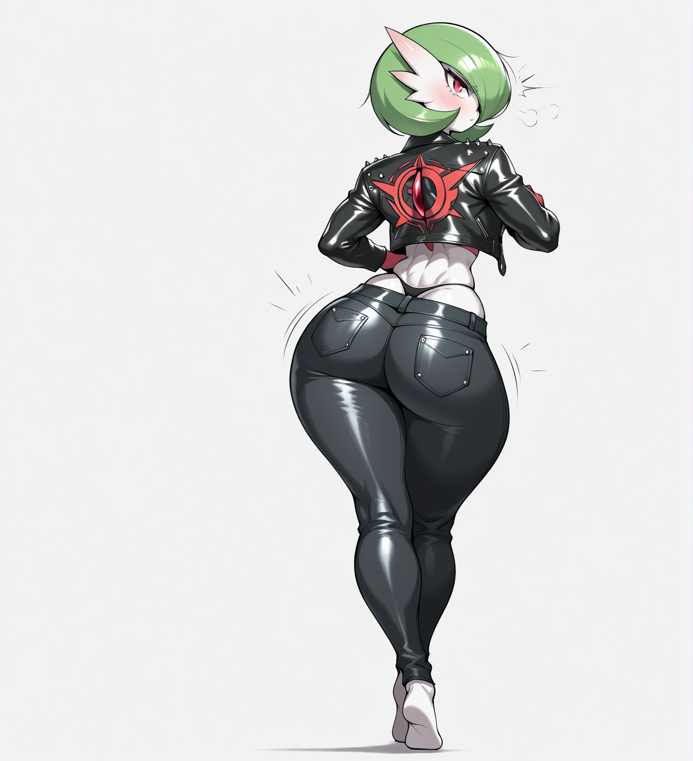 (solo:1.1),(masterpiece), (best quality:1.3), highly detailed, intricate, professional art, digital art, absurdres, confidant, emerald sustrai, futanari emerald sustrai wearing a fishnet-crop-top with arm gloves and pants confidently in a club,(Black see through top:1.4), (pants:1.6), 1girl, solo, (dark skin:1.5), green hair, bob hair, gold hoop earrings, gold jewellery, ab lines,(gold navel piercing:1.1), detailed stomach, red eye colour, dark skin, average breasts, (aroused:1.2), (futanari:1.1), (wide hips:1.4), (makeup 1:1), beestung lips, (black lipstick:1.3), large penis, panty straps riding hips, (large crotch bulge:1.4), crotch bulge, large testicles , furniture, frontal view, universal lighting