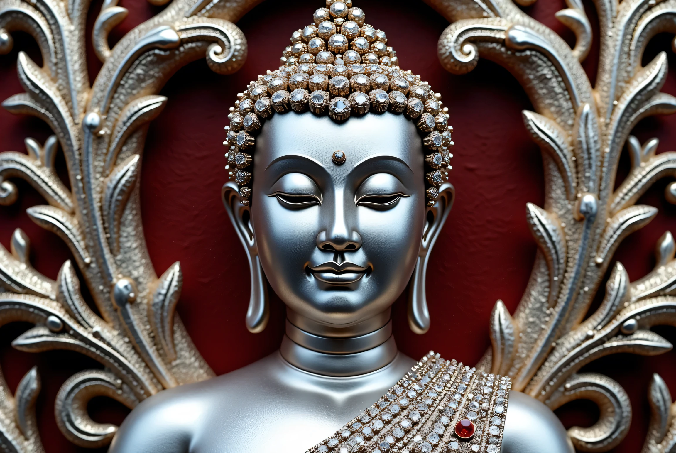 Create the male platinum buddha peaceful face craft with lots of diamonds and ruby gems arts details be professional bermese culture