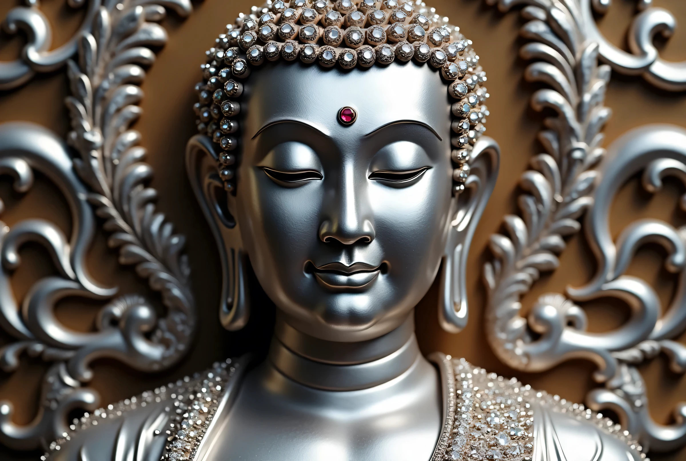 Create the male platinum buddha peaceful face craft with lots of diamonds and ruby gems arts details be professional bermese culture