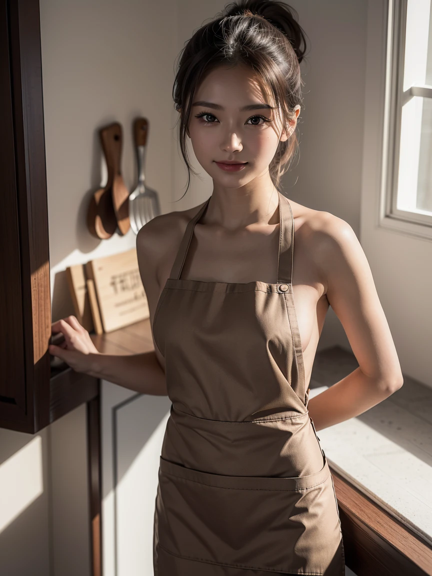 masterpiece, best quality, ultra-detailed, intricately detailed hyperdetailed, realistic, sharp features, highly detailed, sharp focus, (20 years old:1.3), perfect face, perfect symmetrically eyes, perfect full lips, hyper detailed, hyper realistic, high resolution, Fashion Model, Slender, Japanese Idol, (cute Face:1.2), Stylish, Realistic, Photorealistic:1.3, Beautiful Face, light brown hair, ponytail, chignon, , (seductive smile:1.2), (Wearing only an apron:1.2), (naked apron), kitchen, random pose,