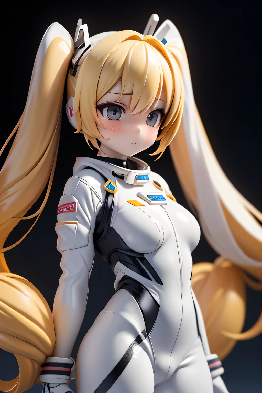 perfect anatomy top quality,highest resolution,(((shiny white and black spacesuit shiny blonde shiny skin Long Twin Tails sweat))) unlimited routes Space Opera spaceship cockpit medium breasts