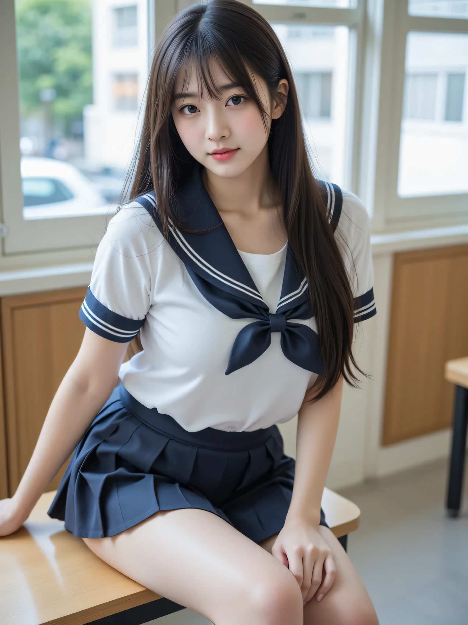 japanese cute idol, Japanese cute girl, kawaii, a pretty woman is posing at the school , 1girl, solo, realistic, ecstasy, school uniform, long hair, black hair, nsfw, masterpiece, best quality, hyper detailed, insanely detailed, 16k, japanese , cute, kawaii, photorealistic, Realism, raw photo, real person , 1girl, solo, black hair, long hair, breasts, realistic, full-body shot