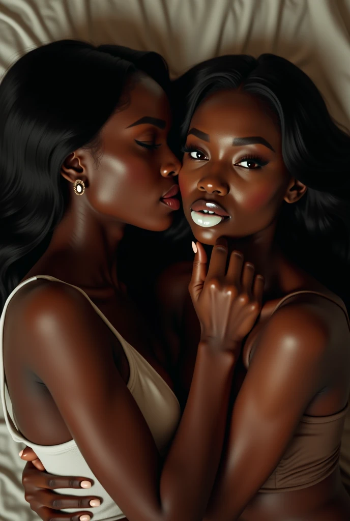 two cute black women, lying on top of each other, in a prone position, sticking their tongues covered in white cream in their mouths, very erotic