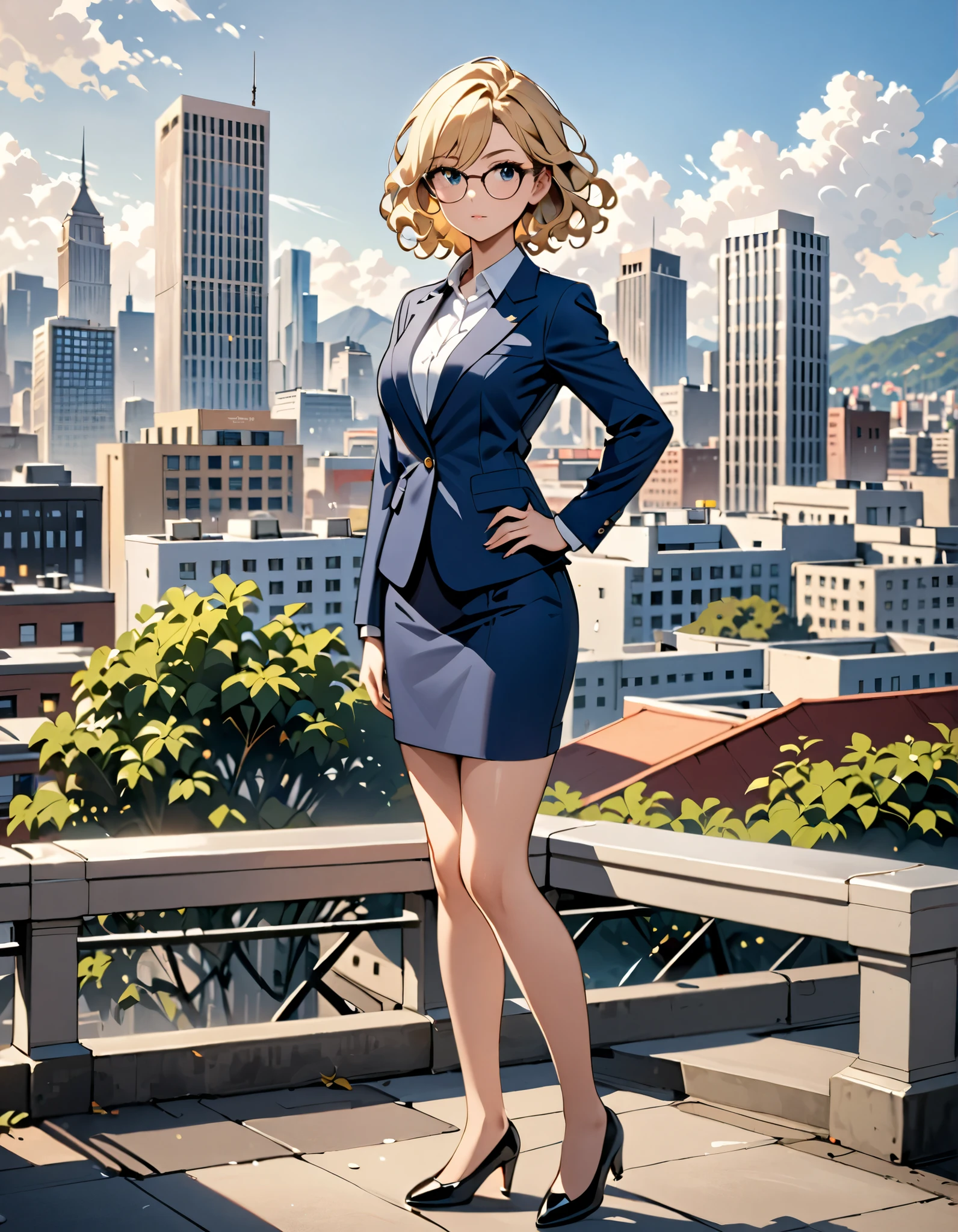 masterpiece, best quality, hires, 1girl, medium breasts, blue formal suit jacket, white collared shirt, skirt, pencil skirt, bare legs, (glasses), black shoes, city backdrop, solo, single, hands on hip, standing, full body shot, cowboy shot, beautiful detailed eyes, beautiful detailed face, blonde hair, (short hair), wavy hair, high school backdrop, outdoors, mature lady, teacher, perfect body, good proportions