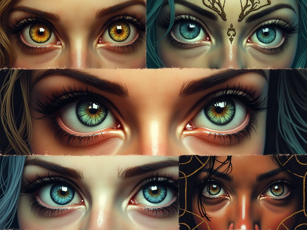 Collage of eyes staring at the viewer in various styles, art nouveau, 1950's advert, 1980's video, modern day realism.