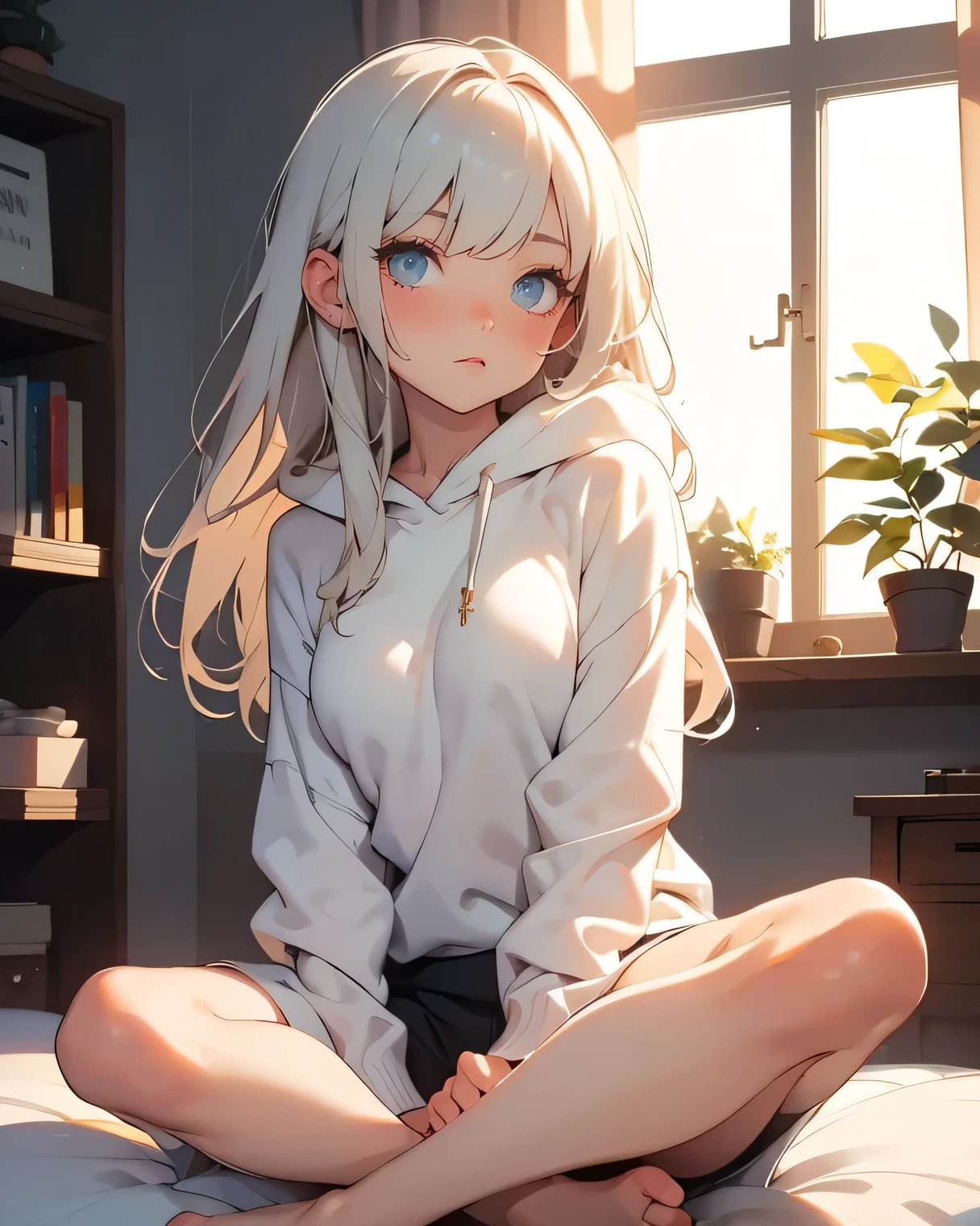 A serene, cozy bedroom with soft, golden sunlight streaming through a window. A silver-haired girl, wearing an oversized hoodie, sits comfortably on a soft bed with her legs crossed. She stretches her arms overhead, arching her back slightly as she yawns, her expression relaxed yet with a playful glimmer in her eyes. Her loose hoodie gently slides off one shoulder, revealing the casual ease of her posture. The atmosphere feels calm and intimate, like a quiet moment captured in time. No NSFW content, just a gentle stretch with a hint of allure in the movement, making her look effortlessly graceful and relaxed.