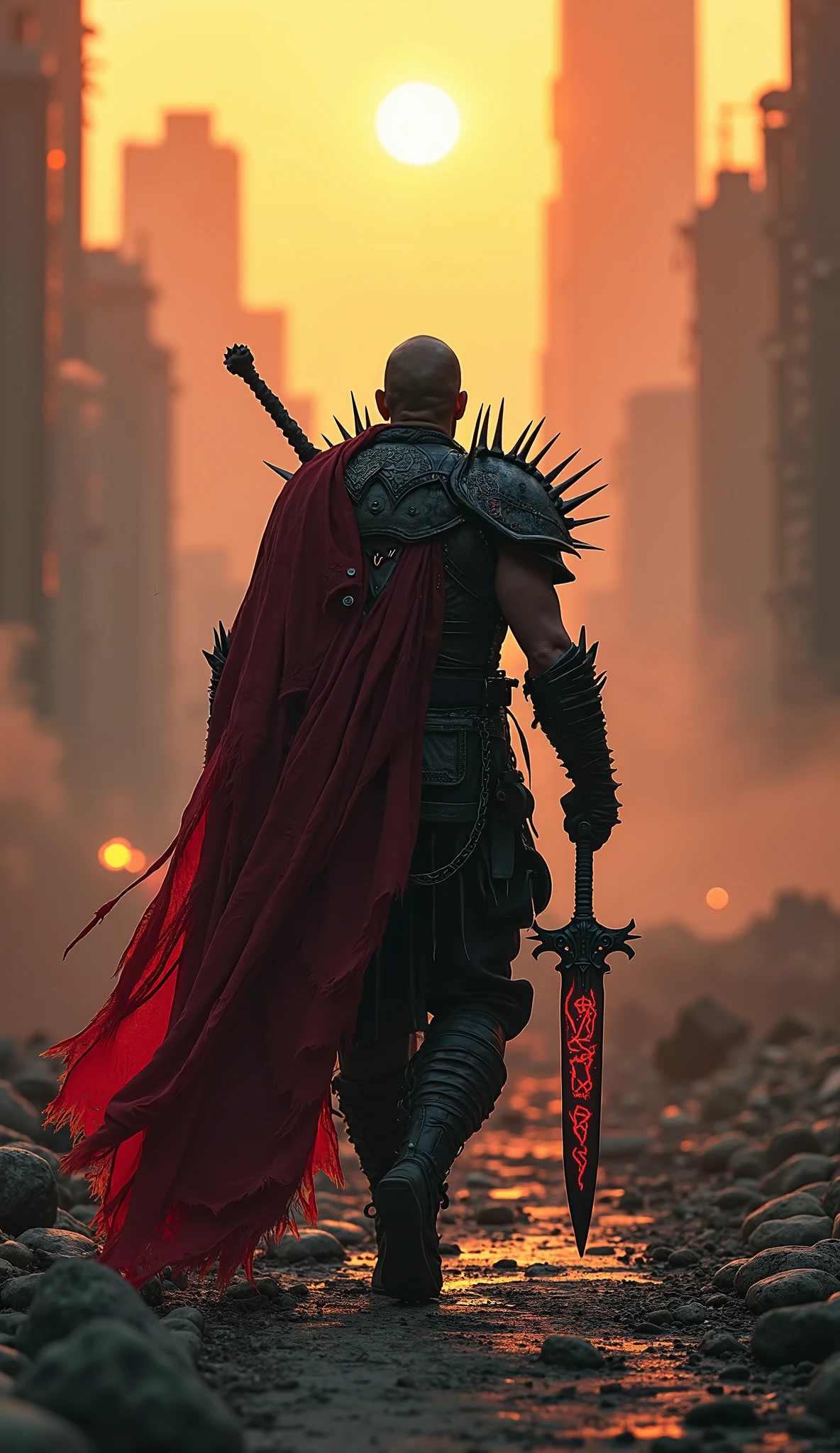"Post-apocalyptic scene featuring a lone dark warrior with spiked black armor and a tattered red cloak, walking through a destroyed cityscape. The background is filled with broken skyscrapers, smoke, and fire. He holds a jagged sword with glowing red runes. The composition is cinematic, with the warrior slightly off-center and a hazy, orange sunset illuminating the scene. --v 6 --style raw --ar 21:9"