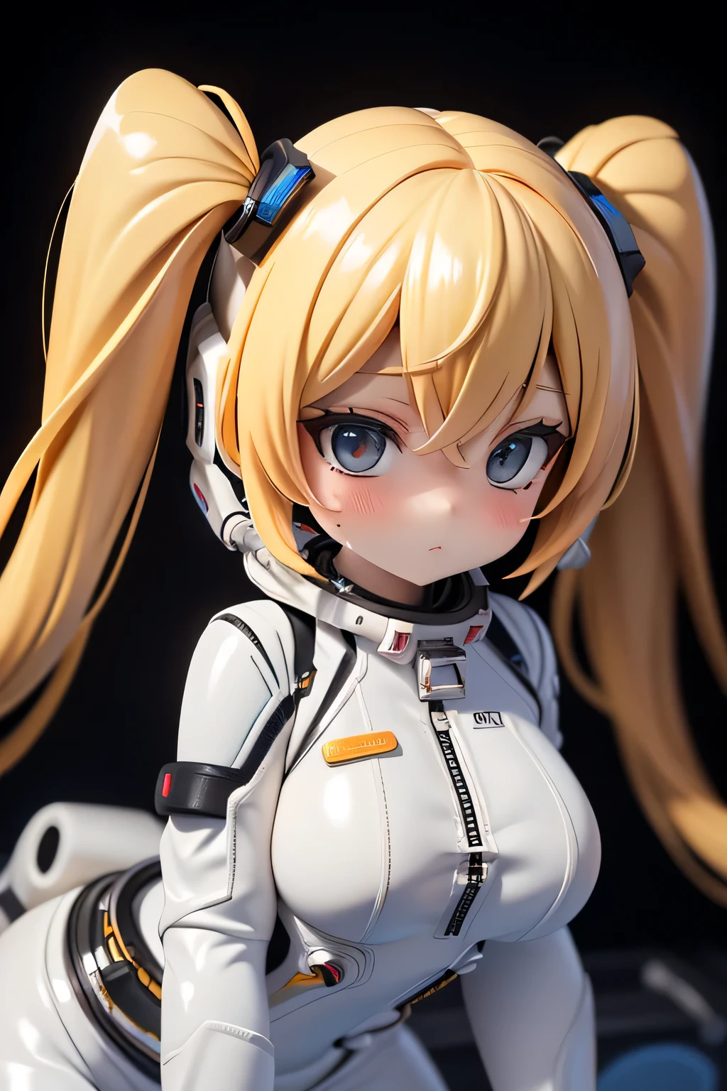 perfect anatomy top quality,highest resolution,(((shiny white and black spacesuit shiny blonde shiny skin Long Twin Tails sweat))) unlimited routes Space Opera spaceship cockpit medium breasts