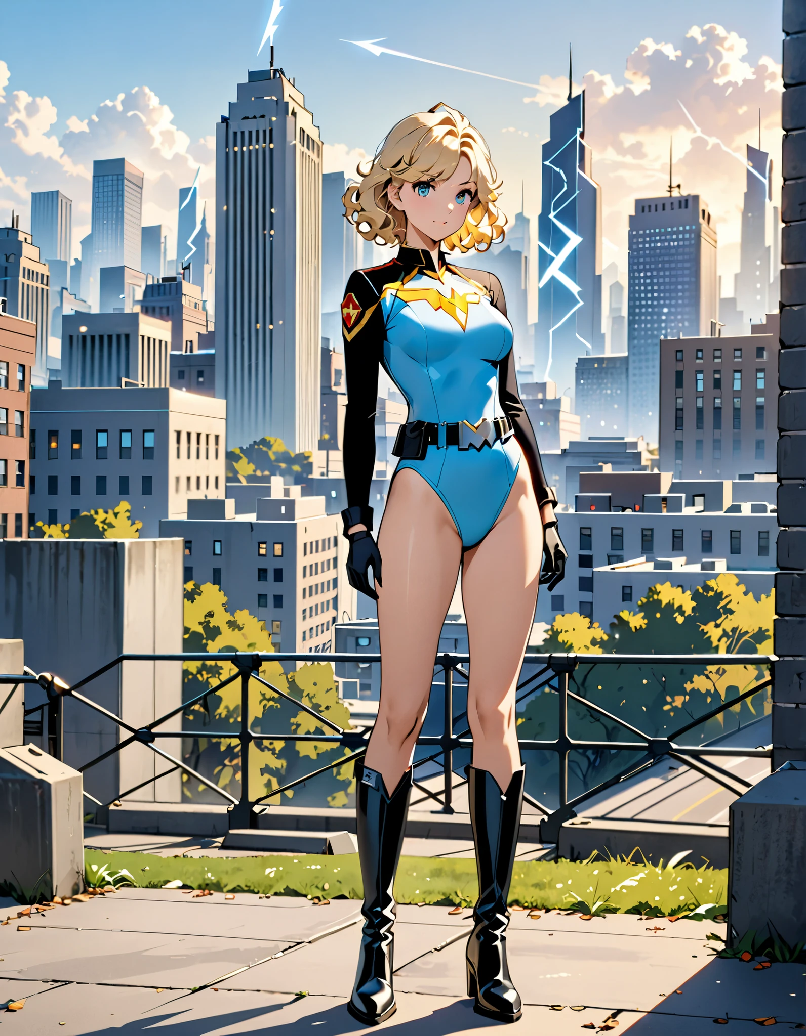 masterpiece, best quality, high res, 1girl, medium breasts, (leotard, light blue leotard), black long sleeves, (lighting bolt /(emblem) on chest/, 1.2), bare legs, ((black fastened tight belt)), black boots, matching boots, ankle boots, black gloves, wrist-length gloves, city backdrop, solo, single, standing, full body shot, cowboy shot, superhero, beautiful detailed eyes, beautiful detailed face, blonde hair, (short hair), wavy hair, high school backdrop, outdoors, mature lady, teacher, perfect body, good proportions