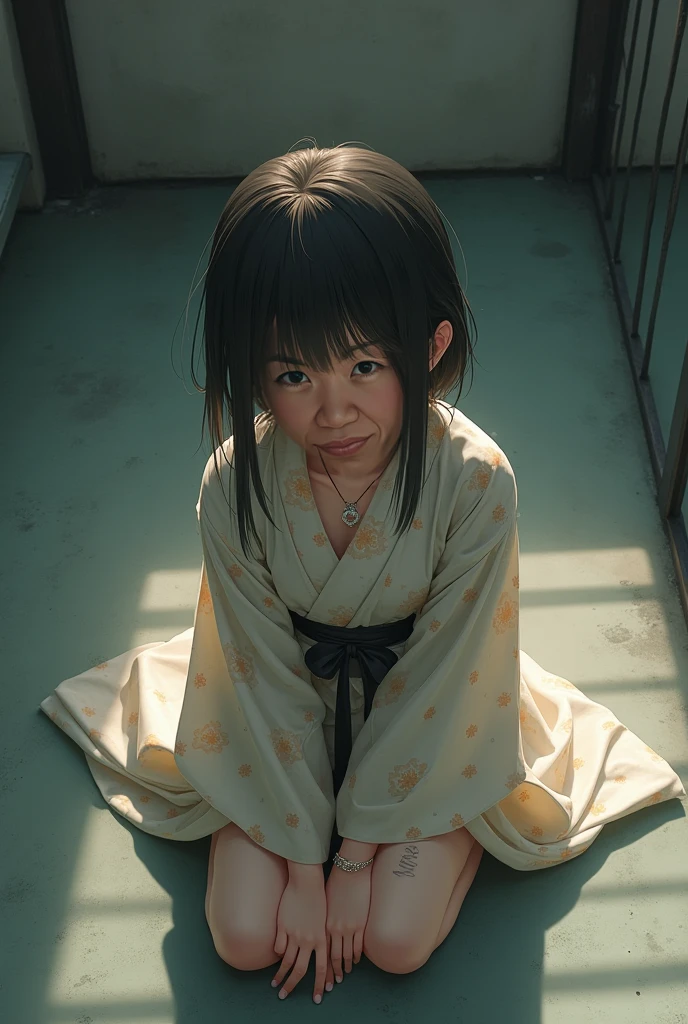 on hands and knees, looking directly at camera, aerial view, wearing a sexy kimono with necklace, petite body, sad expression