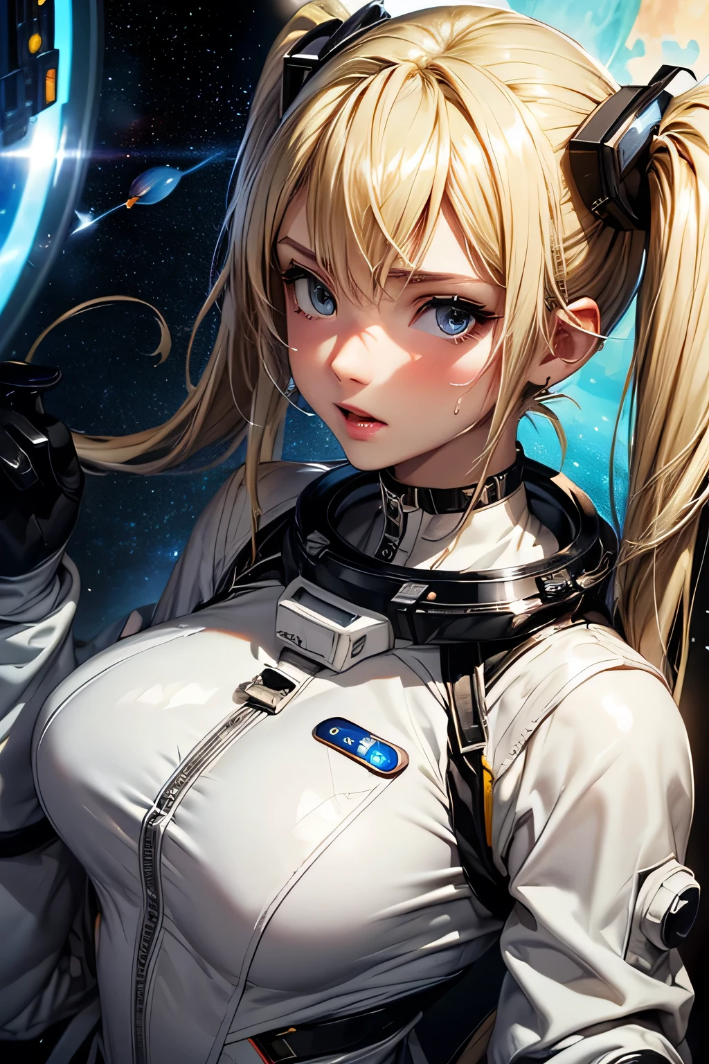 perfect 　top quality,highest resolution,(((shiny white and black spacesuit　shiny blonde　shiny skin　Long Twin Tails　sweat)))　unlimited routes　Space Opera　spaceship　cockpit　medium breasts