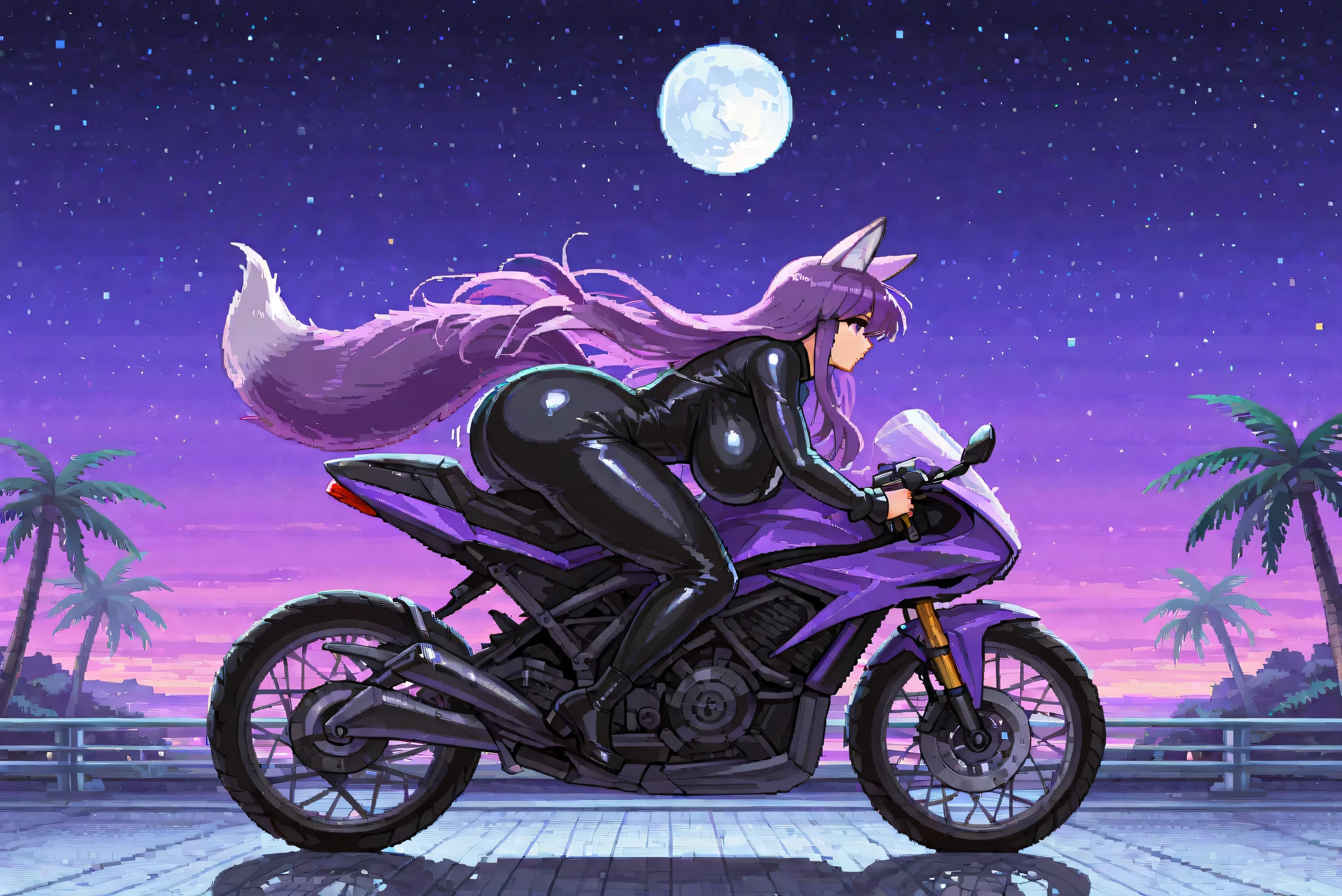 1girl, biker clothes, bikesuit, black bodysuit, black footwear, bodysuit, from side, full moon, horizon, long hair, moon, motor vehicle, motorcycle, night, night sky, outdoors, palm tree, purple eyes, purple hair, riding, sky, solo, star \(sky\), starry sky, tree, thick thighs, wide hips, thick legs, huge breasts, csp2pixels, pixel art, pixels, purple fox ears, purple fox tail, huge ass, riding, highway, wheel spinning, motion lines, hijiri byakuren