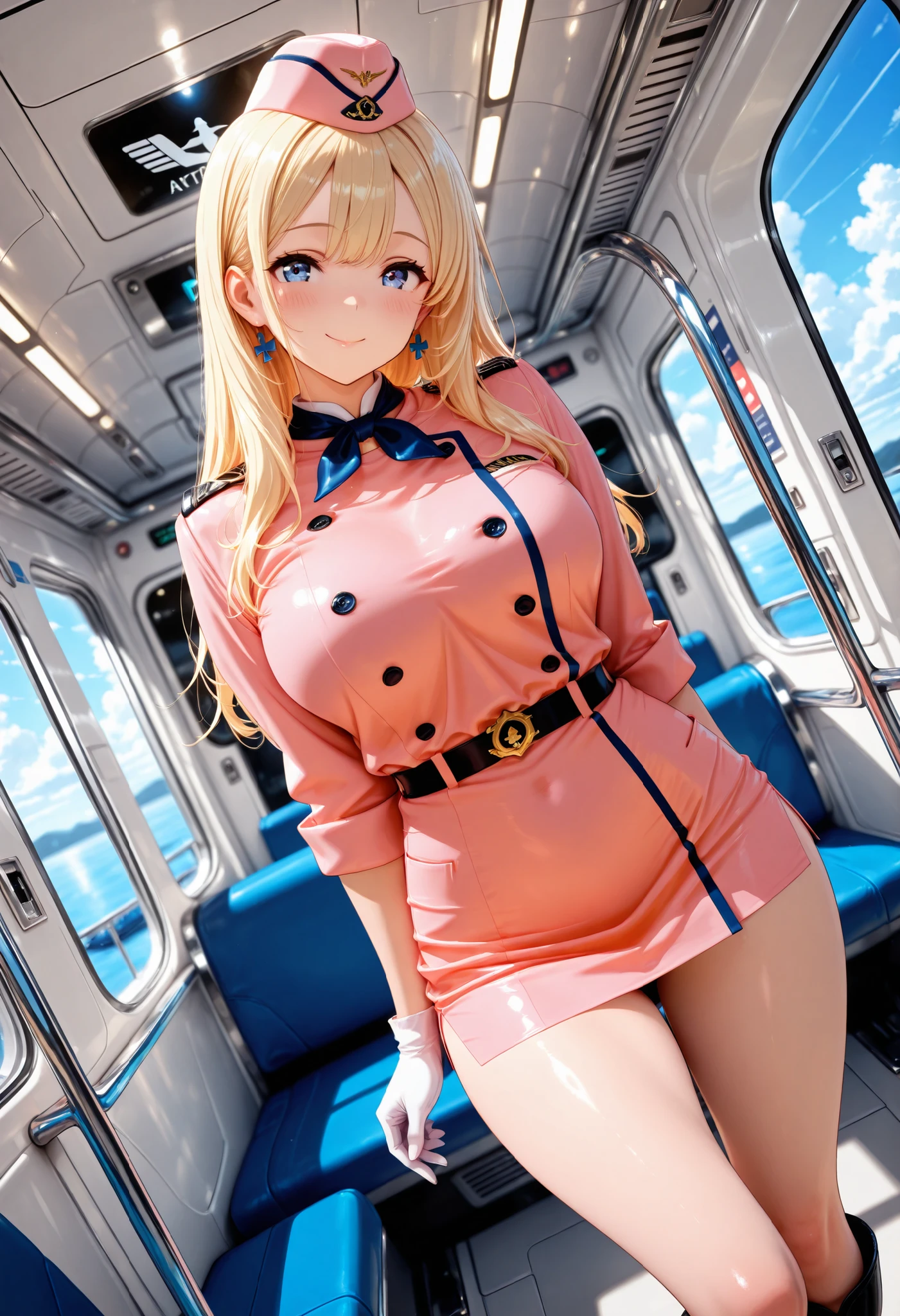 (((pink delmo uniform, pink latex jacket, pink latex pencil skirt, extremely glossy latex)))