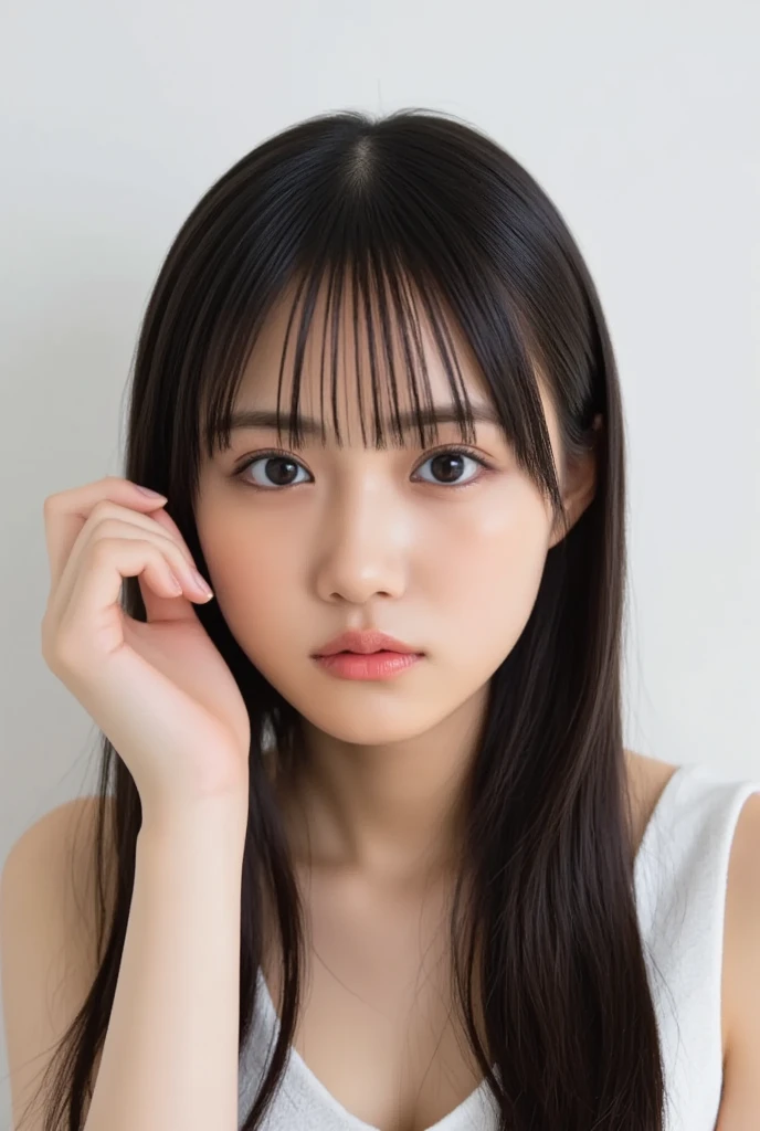 highest quality, Realistic, 8K, High resolution, 1 Girl, woman, (Skin dents), (Portraiture:0.6), nice, ((White Background, Completely naked, Small breasts:1.65)), (Long brown hair, Parted bangs:1.4), Watching the audience, (1 Girl eyes Watching the audience:1.6), Realistic, (Bokeh), (Closed Mouth, smile:1.3), nice, Purelos Face_V1:1,Completely naked、