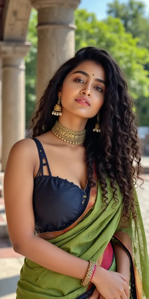 (A masterpiece of impressionist close-up photography) Attractive and sexy curvaceous Indian warrior woman (Shuddh Prasad), walking down a rainy street on a rainy day, (wearing precious jewelry:1.4), , Wet long brown wavy hair with highlights, Wet glowing skin, vivacious, greedy gaze, exhilarating, reflections on the street (beautiful and fine eyes:1.1) , (Passionate expression:1.2) Intense dramatic lighting, green rain, wood、bushes、flower、Bokeh, with backlight, light, very detailed, Trending with ArtStation, paint splashes, rich colors, Fallen leaves & 周りのflower, abstract portrait, Written by Ati Gailan