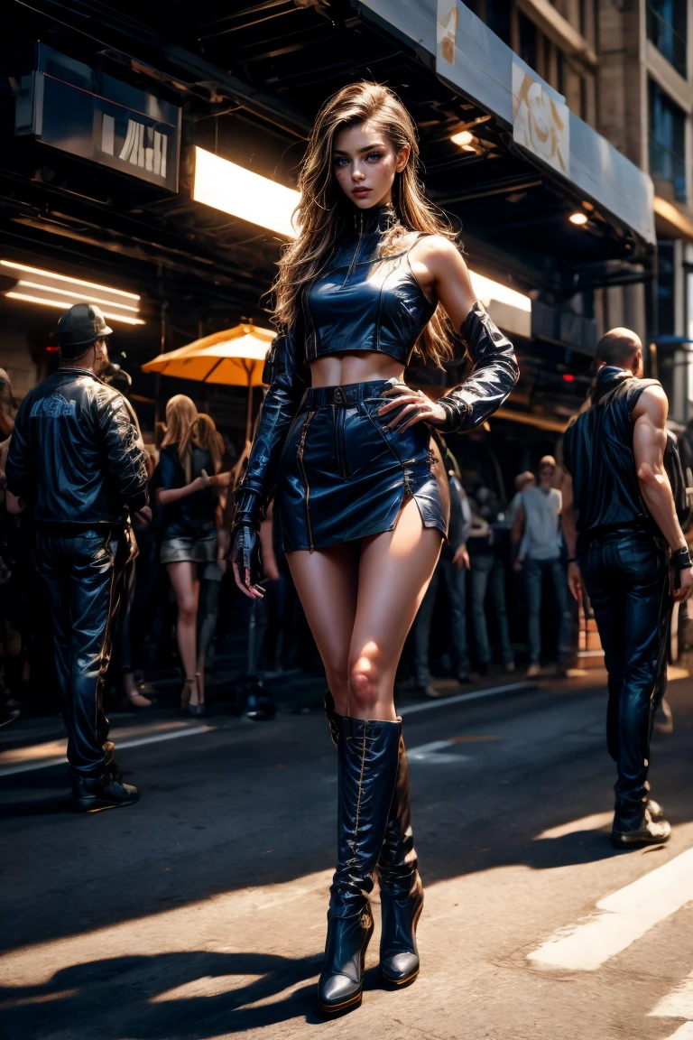 in photorealistic style, a black woman with long hair in black leather pants and a black leather jacket, running in the New York street midnight